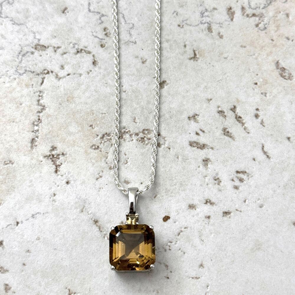 Champagne Quartz 6.71 ctw Square Pendant w/ 1.4mm Sterling Silver Rope Chain